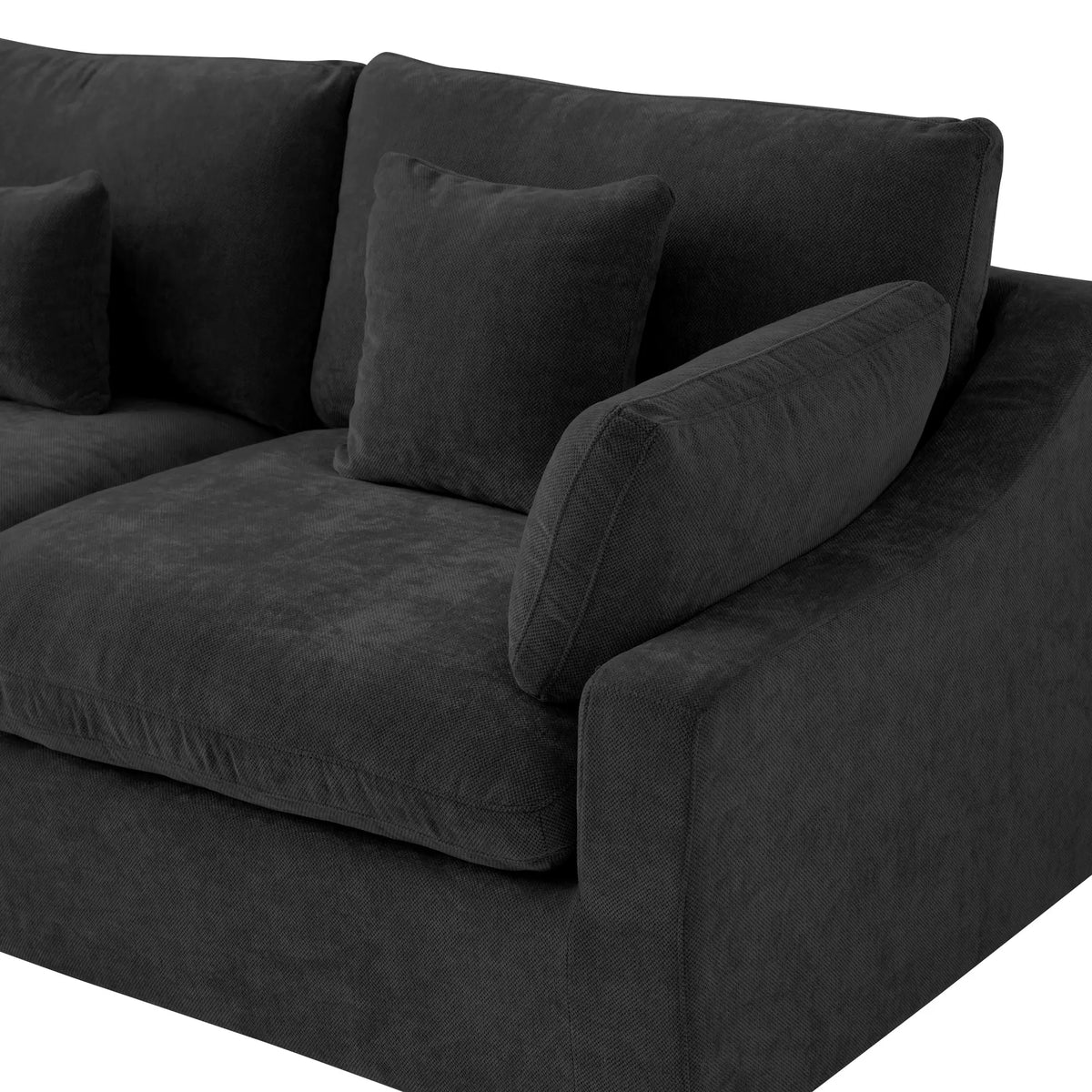 Armrest and seat cushions on a black Deluxe Cloud sofa