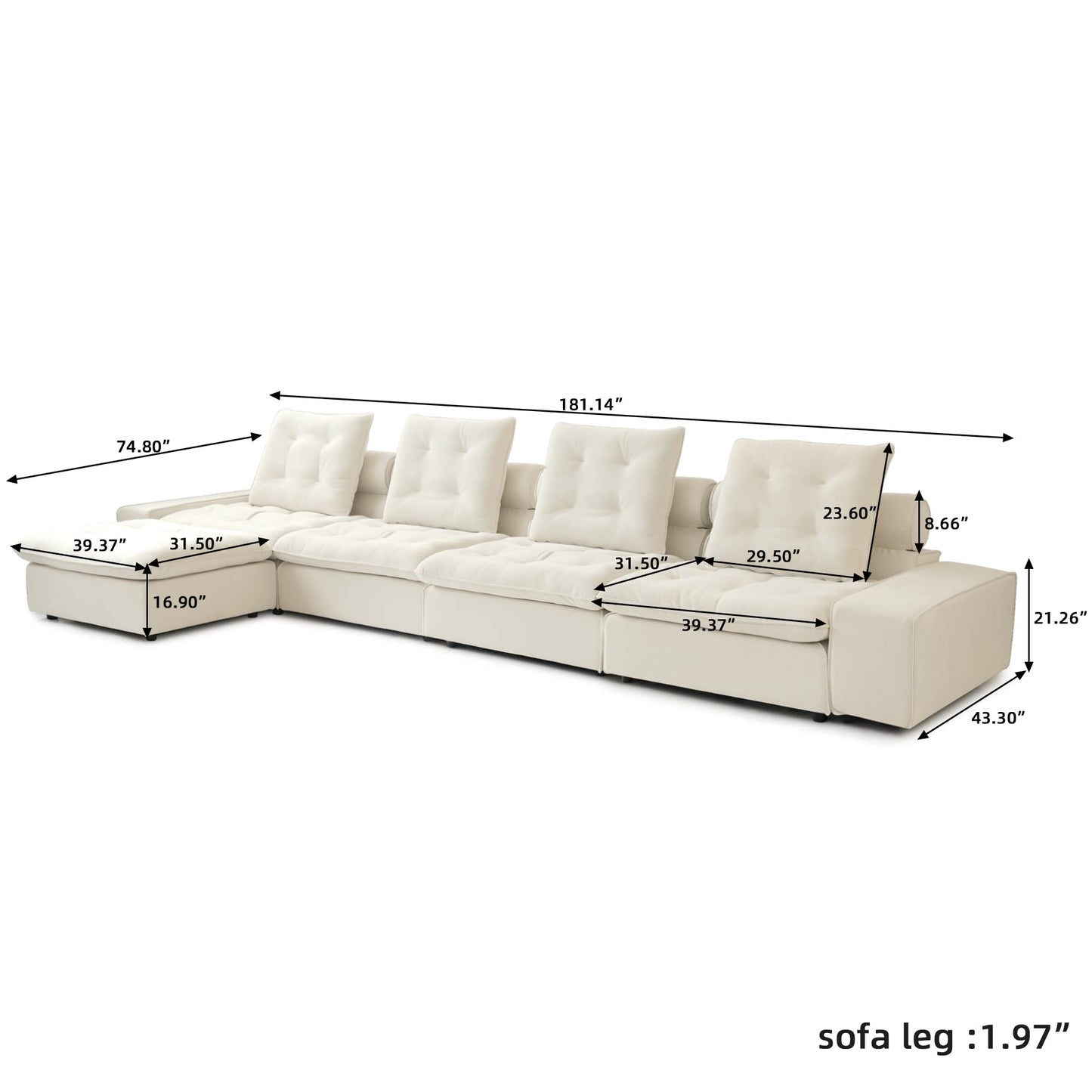 Cloud Modular Sectional Sofa, Luxury Velvet Couch Sofas for Living Room,74inch Corner Seater