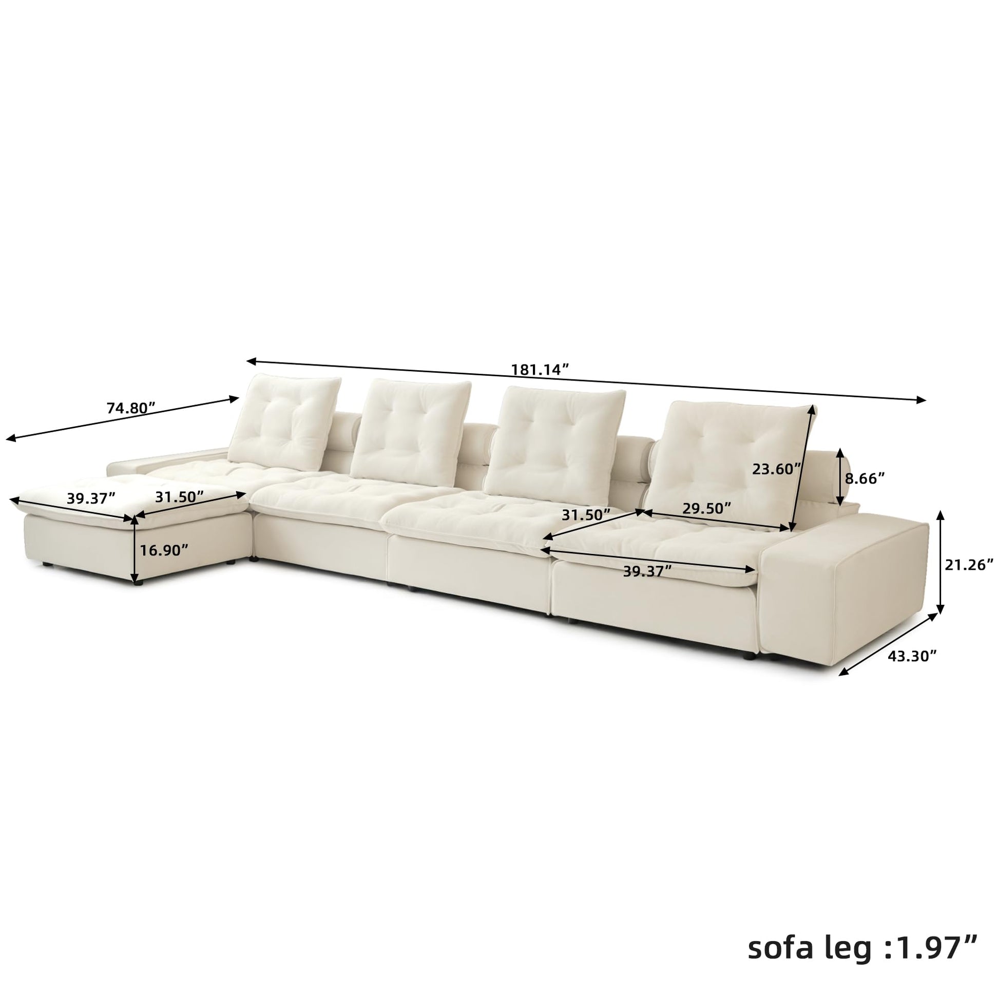 Cloud Modular Sectional Sofa, Luxury Velvet Couch Sofas for Living Room,74inch Corner Seater