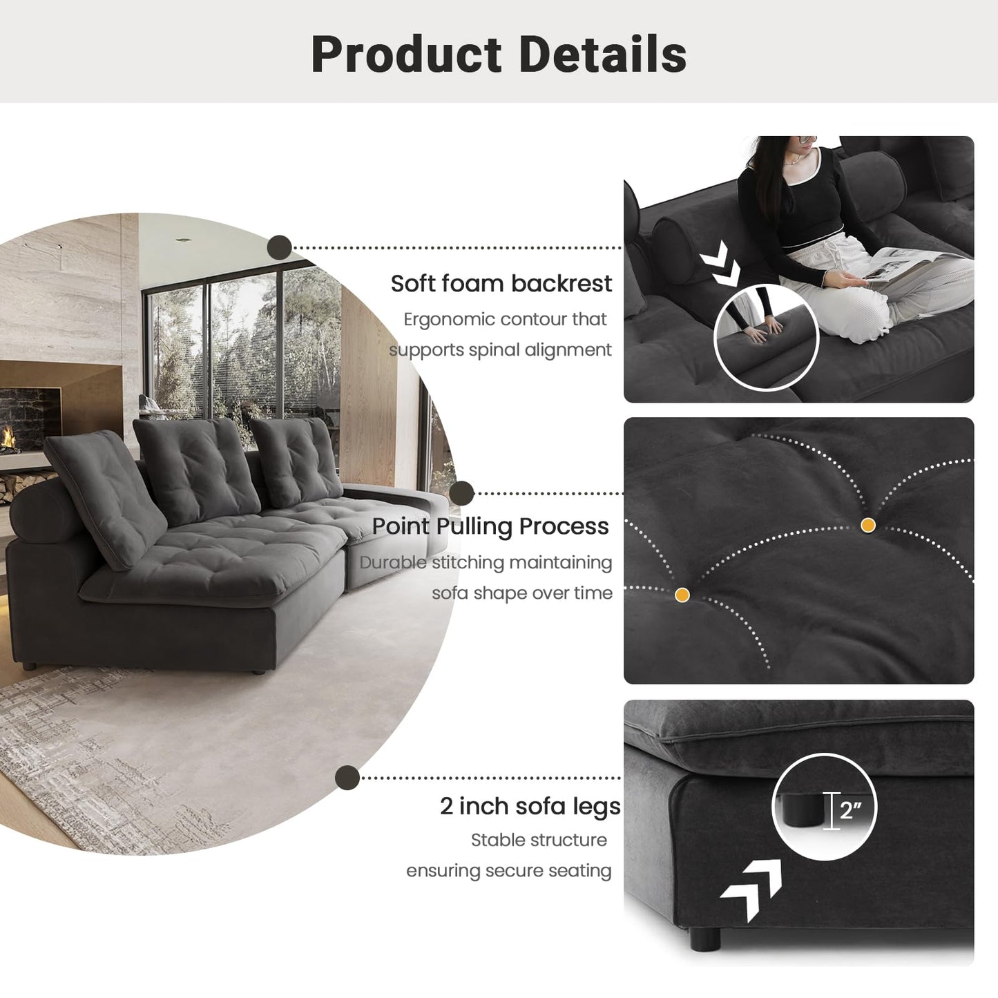 Cloud Modular Sectional Sofa, Luxury Velvet Couch Sofas for Living Room,74inch Corner Seater