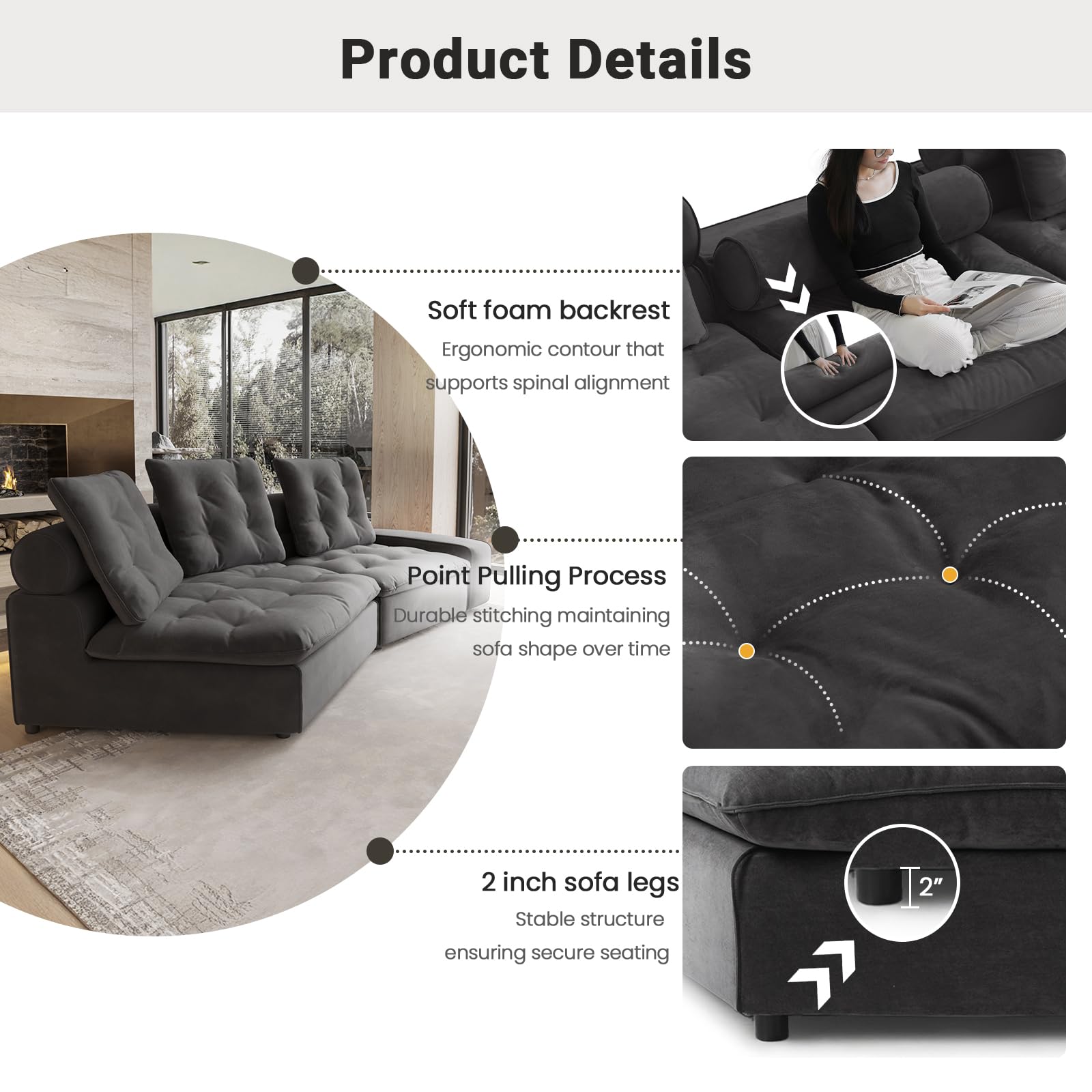 Cloud Modular Sectional Sofa, Luxury Velvet Couch Sofas for Living Room,74inch Corner Seater