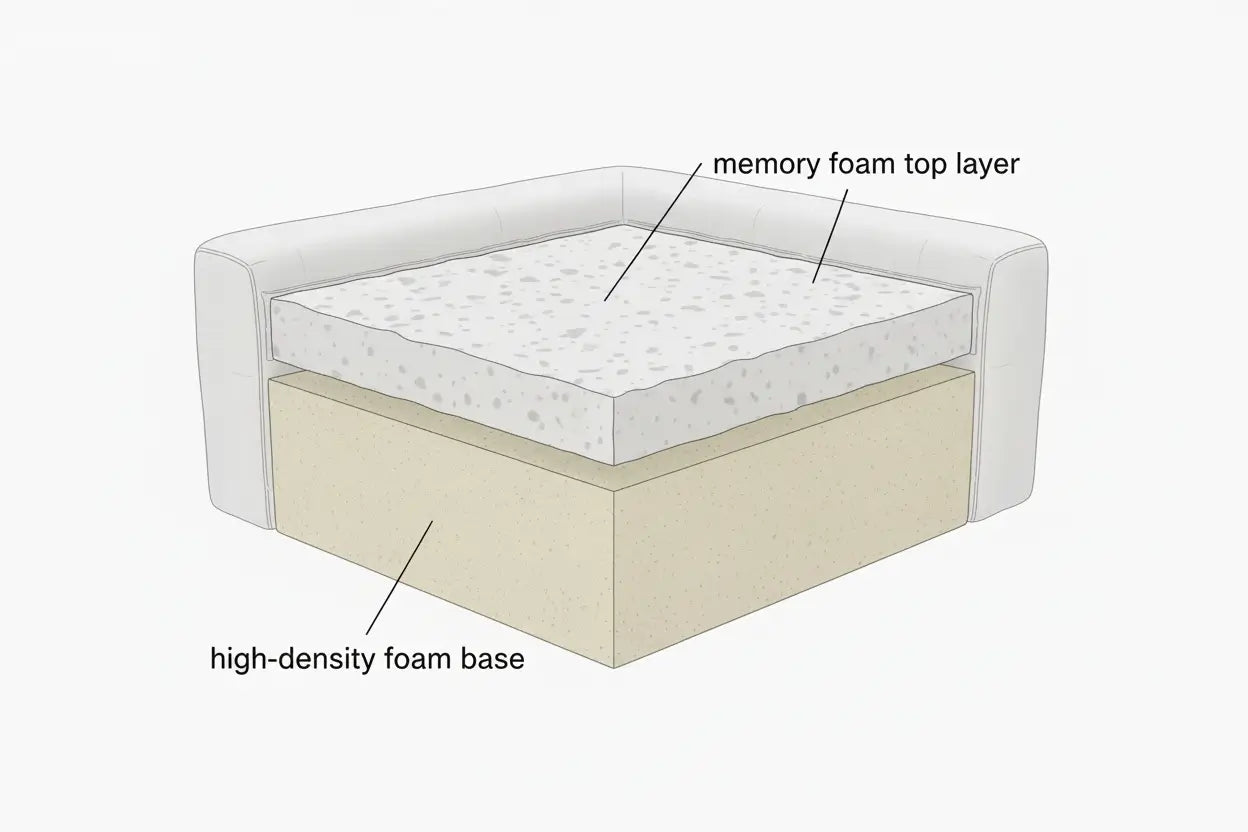 ergonomic sofa cushion cross-section showing high-density foam and memory foam layers