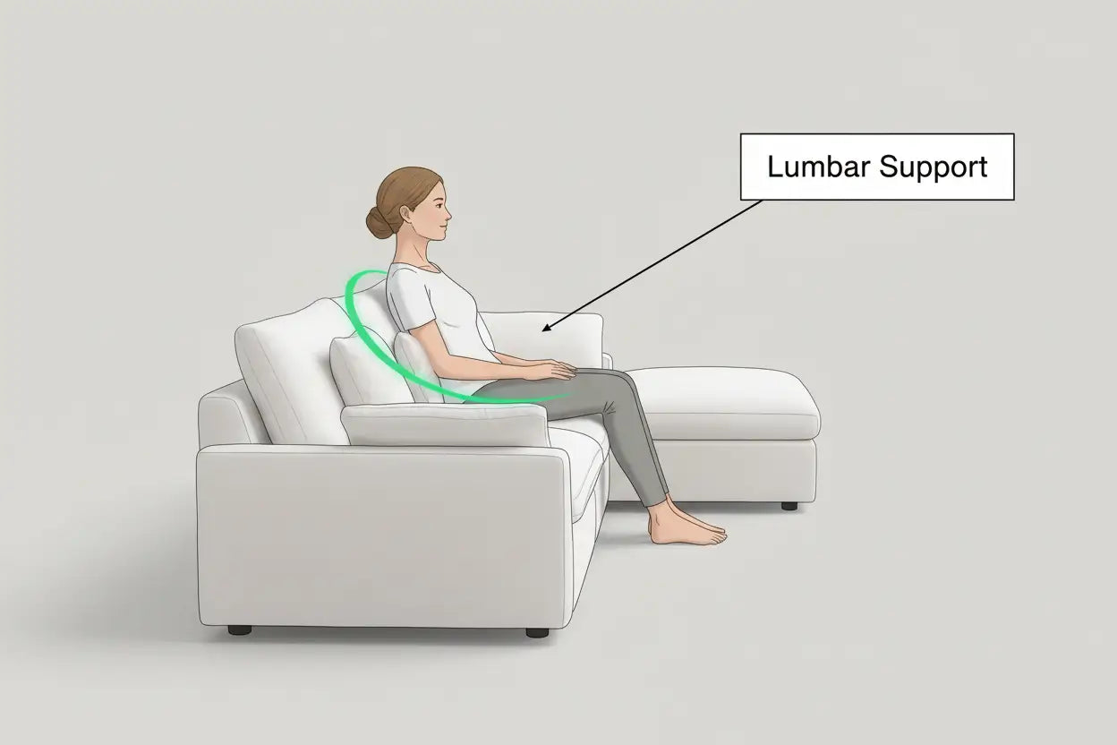 ergonomic sofa lumbar support diagram showing correct lower back alignment