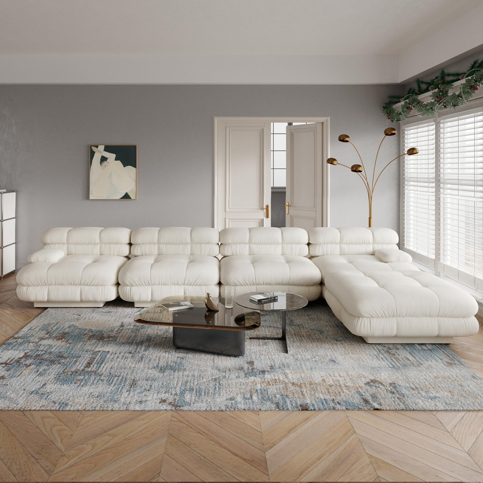Modular Sectional Couch for Living Room, 109.83" Inline L Shaped Sofa Couch, Minimalist Sofa Couch,3 Seater and 1 Ottoman Deep Seat Couch Deep Seat (Beige, 4 Seater)