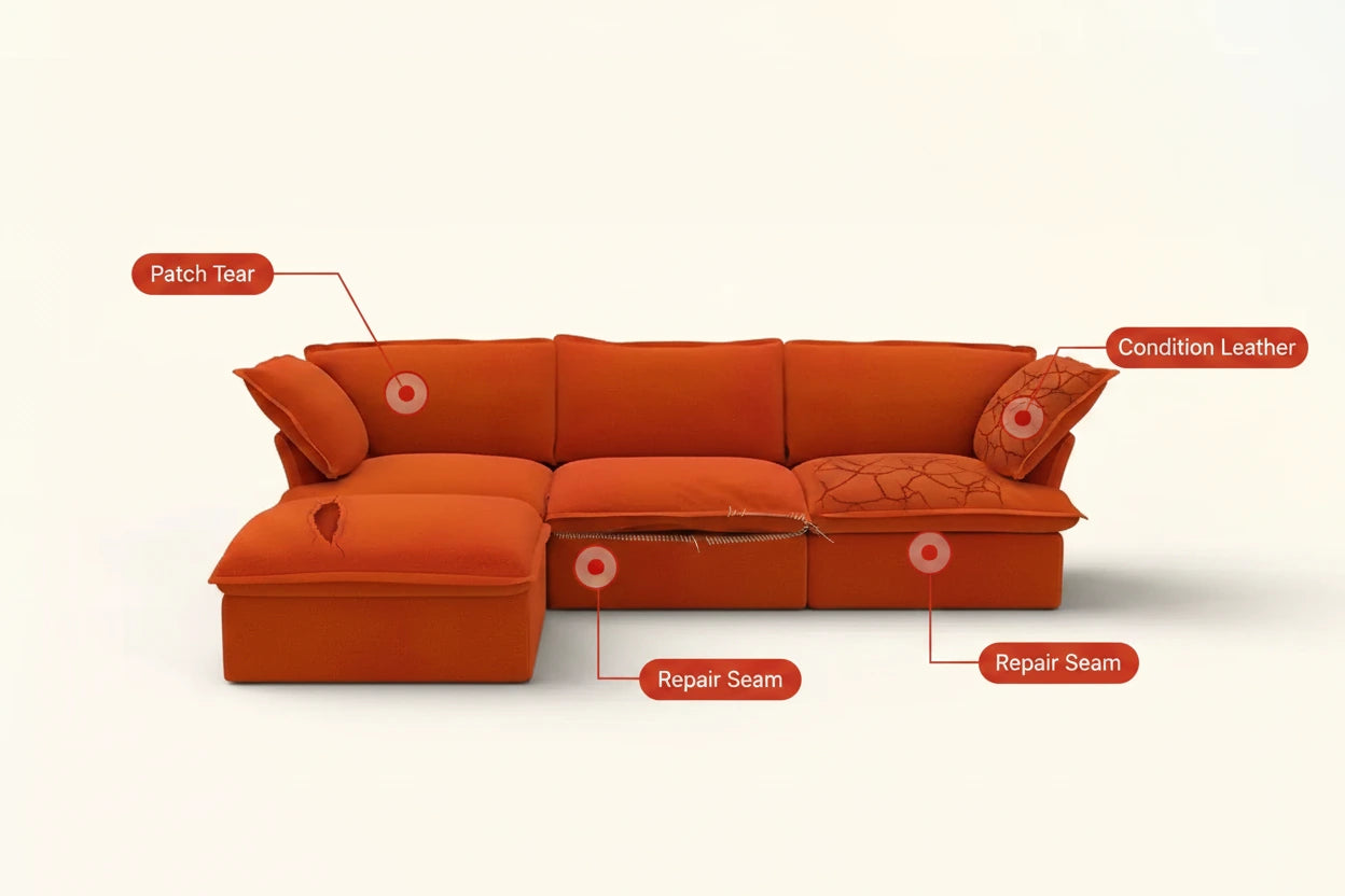 how to fix a sofa of torn, worm fabric pr cracked leather