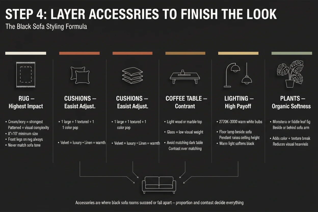 how to style a black sofa for your living room: Layer Accessories to Finish the Look