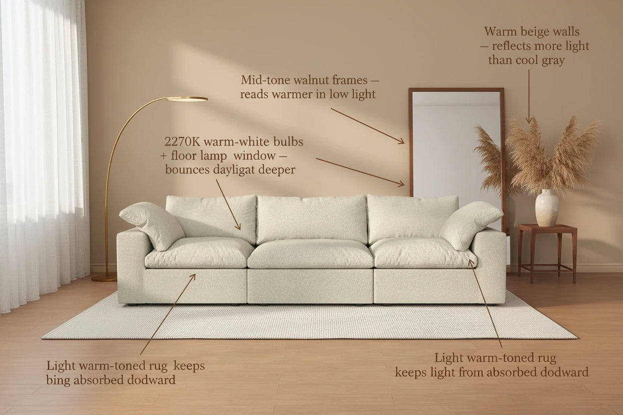 organic modern living room styling for dark or north-facing living room