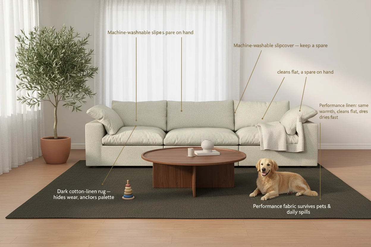 organic modern living room styling for family homes with kids and pets