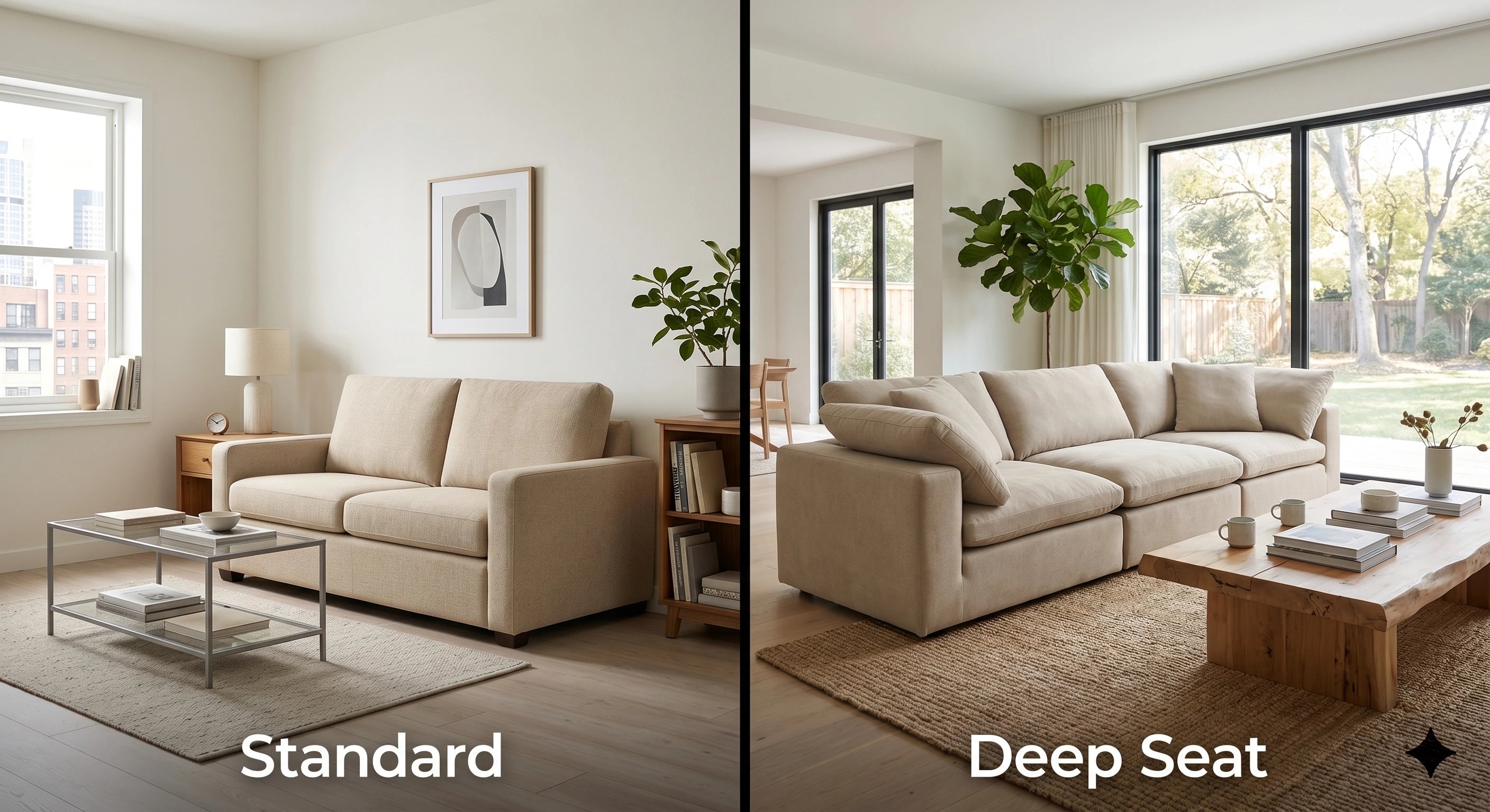 person checking sofa cushion density and fabric quality in showroom